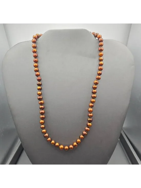 Vintage Bronze Cultured Pearl Necklace 10K Yellow Gold Clasp Hand Knotted 16" - Picture 2 of 10